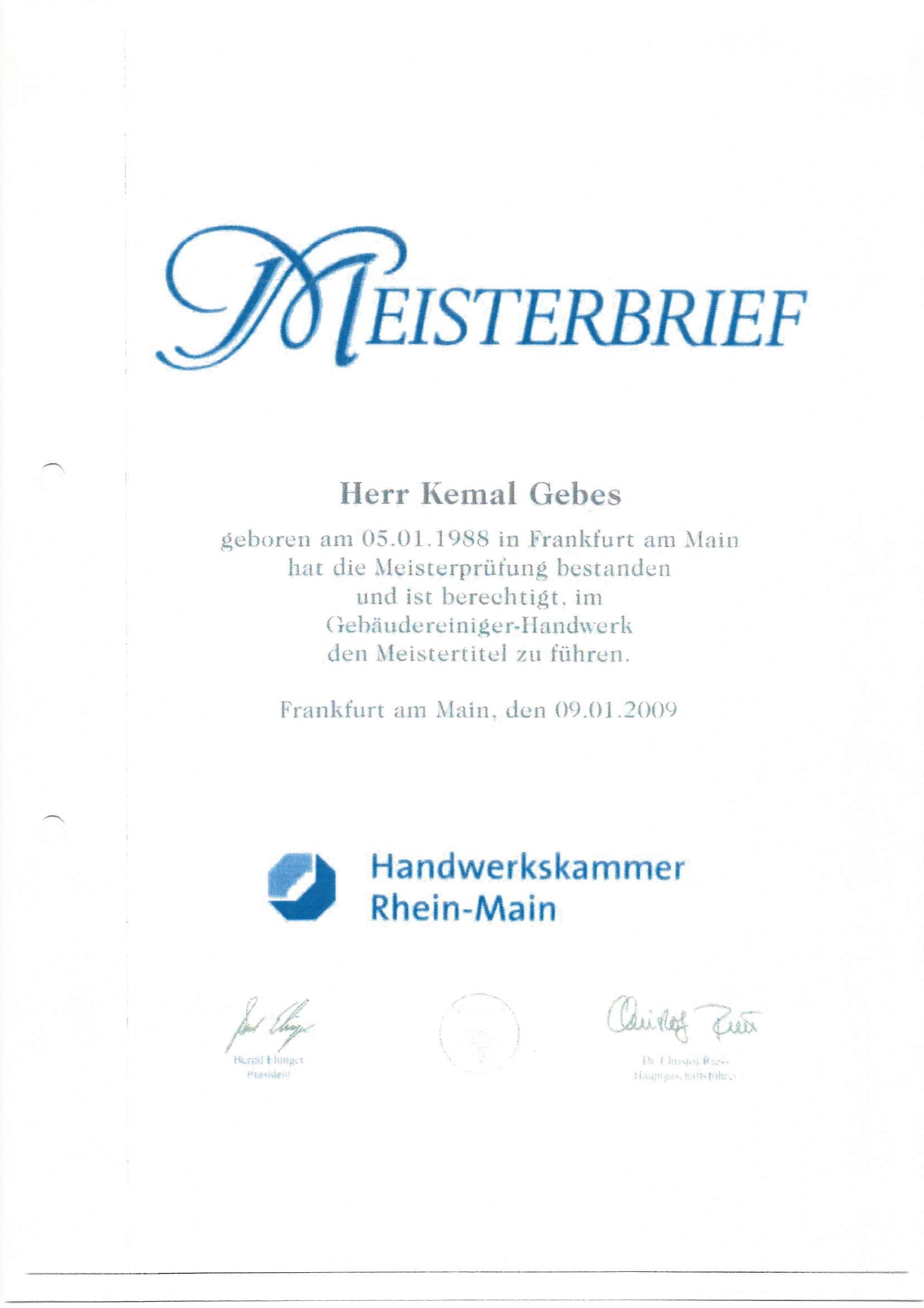 Meisterbrief von Kemal Gebes im Gebäudereiniger-Handwerk, Handwerkskammer Rhein-Main, 9. Januar 2009